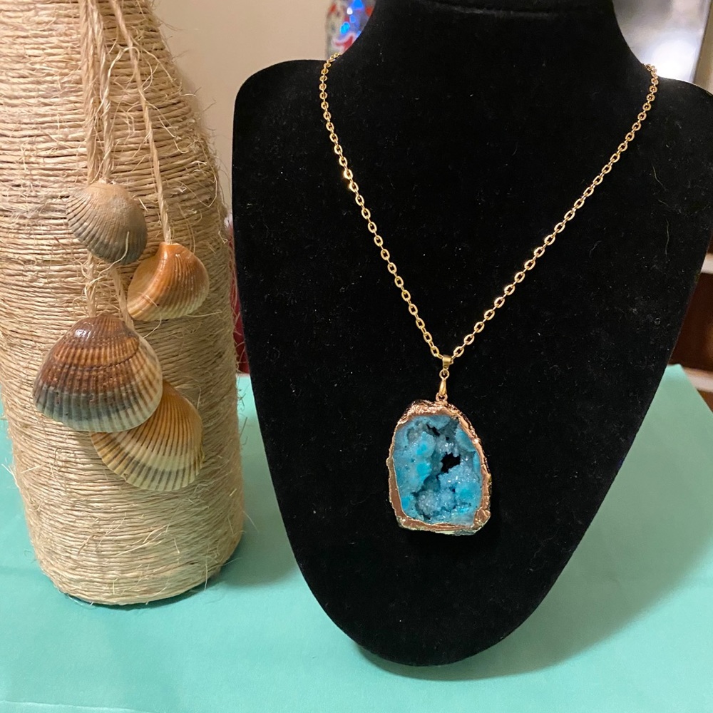 925 Stamped Necklace with Blue Druzy Rock Pendant